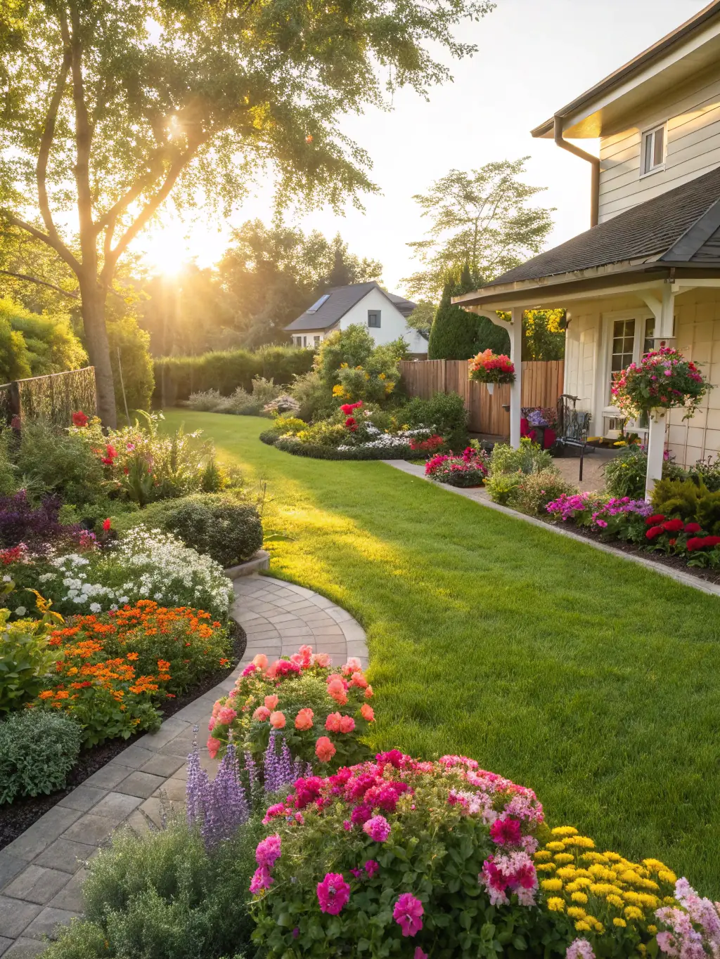 A professional photograph of a beautifully designed hardscape project, showcasing pavers, retaining walls, and outdoor lighting, representing the hardscaping industry.
