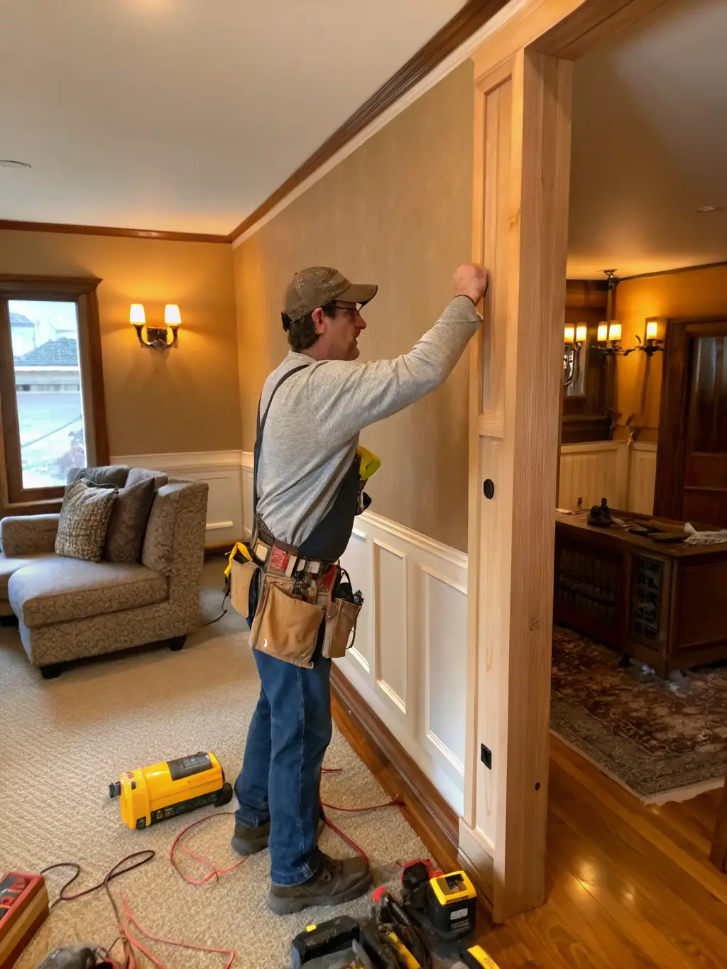 A craftsman installing wooden trim on a home's exterior, showcasing the detail and precision of carpentry work.