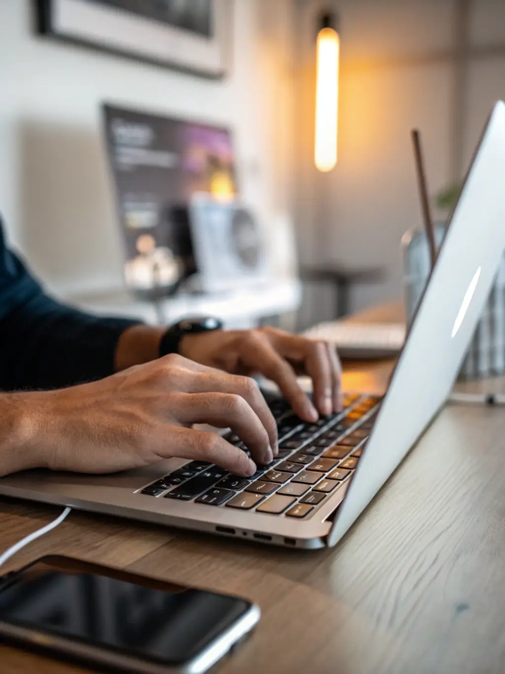 A close-up shot of hands typing on a laptop, focusing on the keyboard and screen displaying ad campaign settings, symbolizing the initial setup and strategy phase.