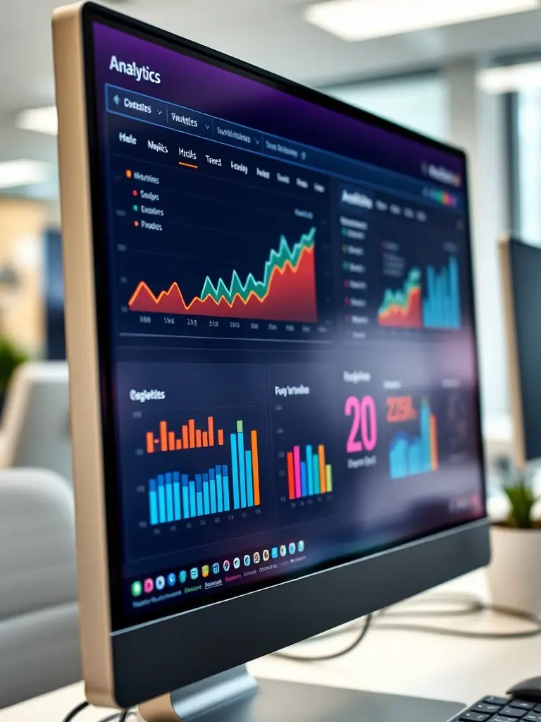 A professional photograph of a well-designed website dashboard displaying key performance indicators (KPIs) such as leads generated, conversion rates, and cost per acquisition, set against a clean, modern background. The dashboard should feature the Masaru Media logo subtly.