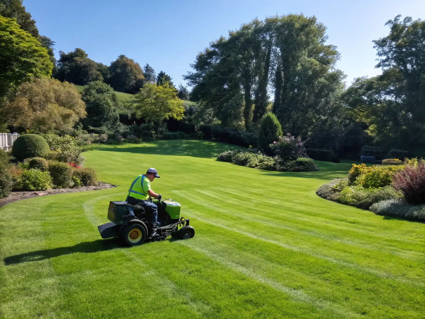 A lush green landscape being expertly maintained, illustrating the tangible results of a well-executed landscaping service and the potential for digital marketing to amplify its reach.