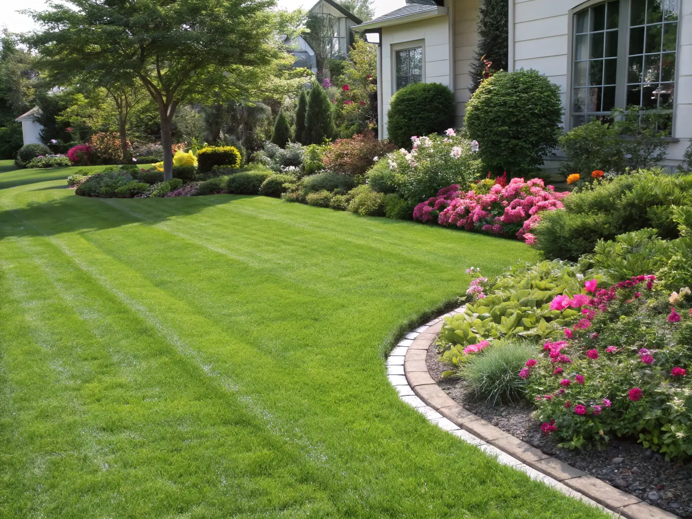 A lush green lawn with vibrant flowerbeds and perfectly trimmed hedges, highlighting the beauty and appeal of a well-maintained landscape. The image represents the quality leads Masaru Media generates for landscaping businesses.