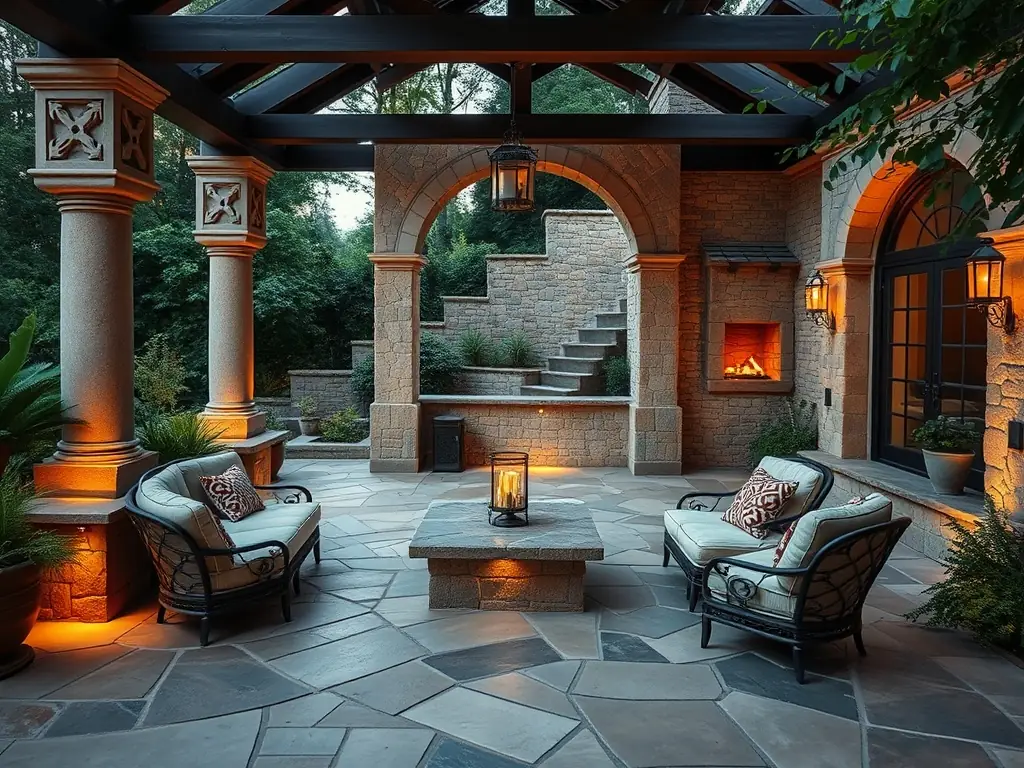 A high-angle shot of a beautifully designed hardscape project, showcasing pavers, retaining walls, and outdoor lighting, with a family enjoying the space in the background. The image represents the tangible results Masaru Media delivers for hardscaping businesses.