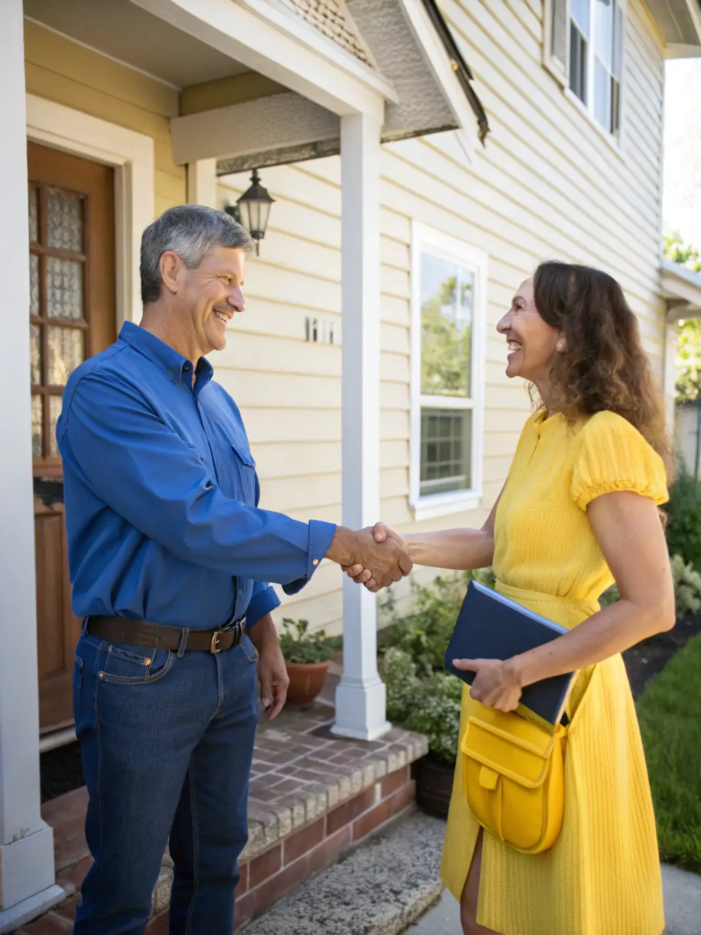 A high-quality image of a local service professional (e.g., a landscaper or roofer) interacting positively with a customer in front of a well-maintained property, symbolizing successful lead generation and customer acquisition.