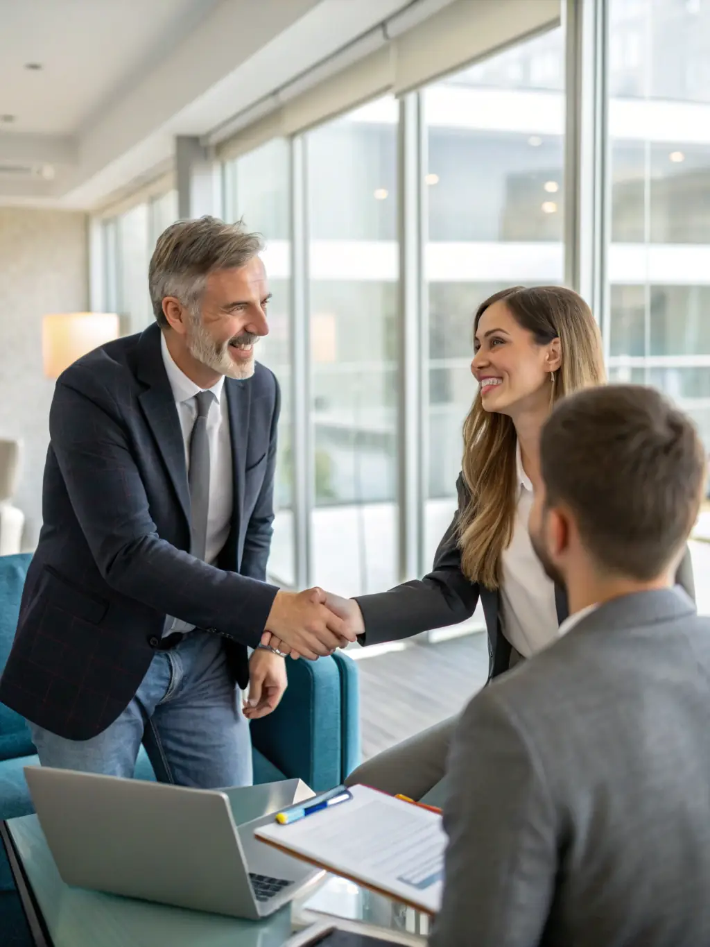An image of a satisfied client shaking hands with a Masaru Media representative, with a backdrop of a successful ad campaign report, symbolizing the results and payment based on performance.