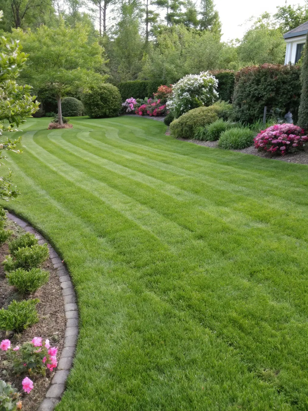A lush green lawn with vibrant flowerbeds and expertly trimmed shrubs, representing the landscaping industry.