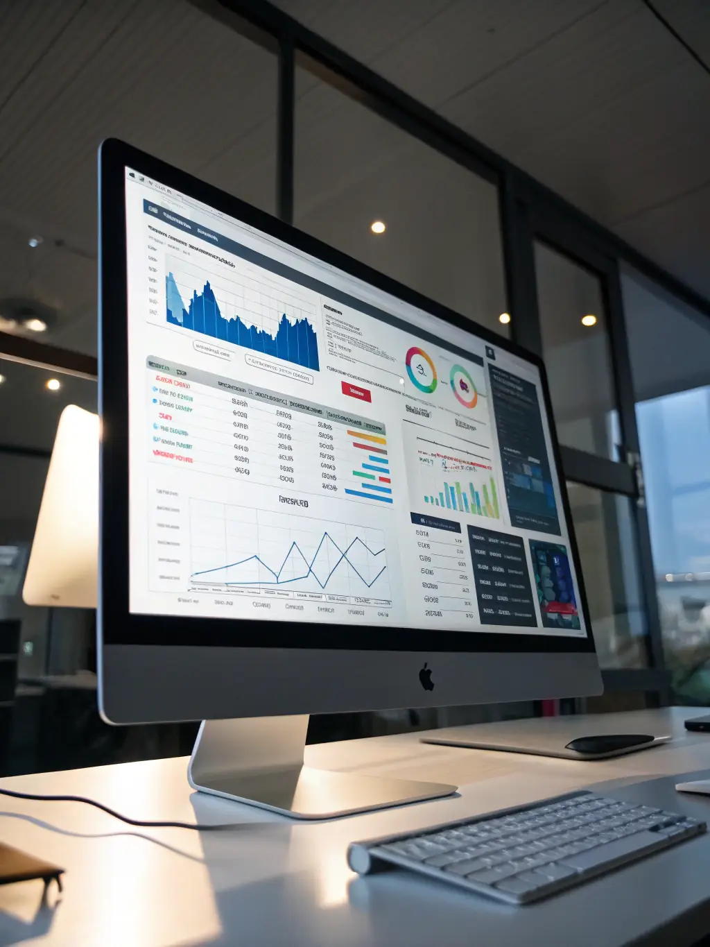 An image of a magnifying glass hovering over a digital dashboard displaying key performance indicators (KPIs) and analytics charts, representing the monitoring and optimization process.