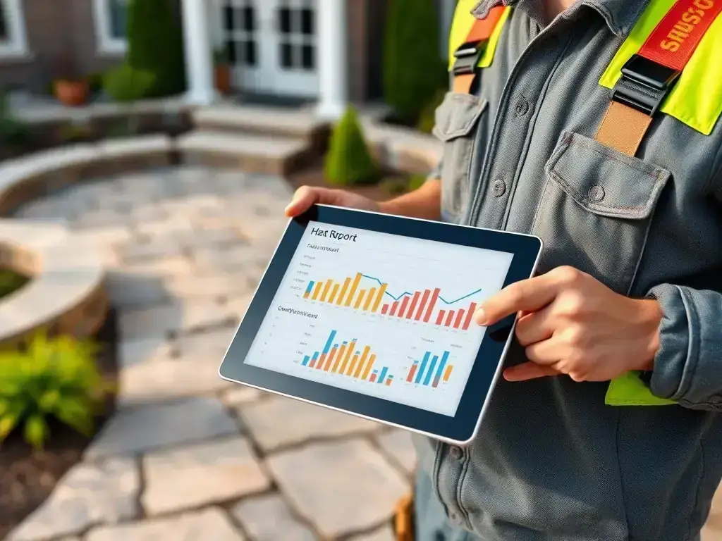 A professional hardscaper reviewing a detailed report showcasing the positive impact of Masaru Media's marketing efforts on their business growth.