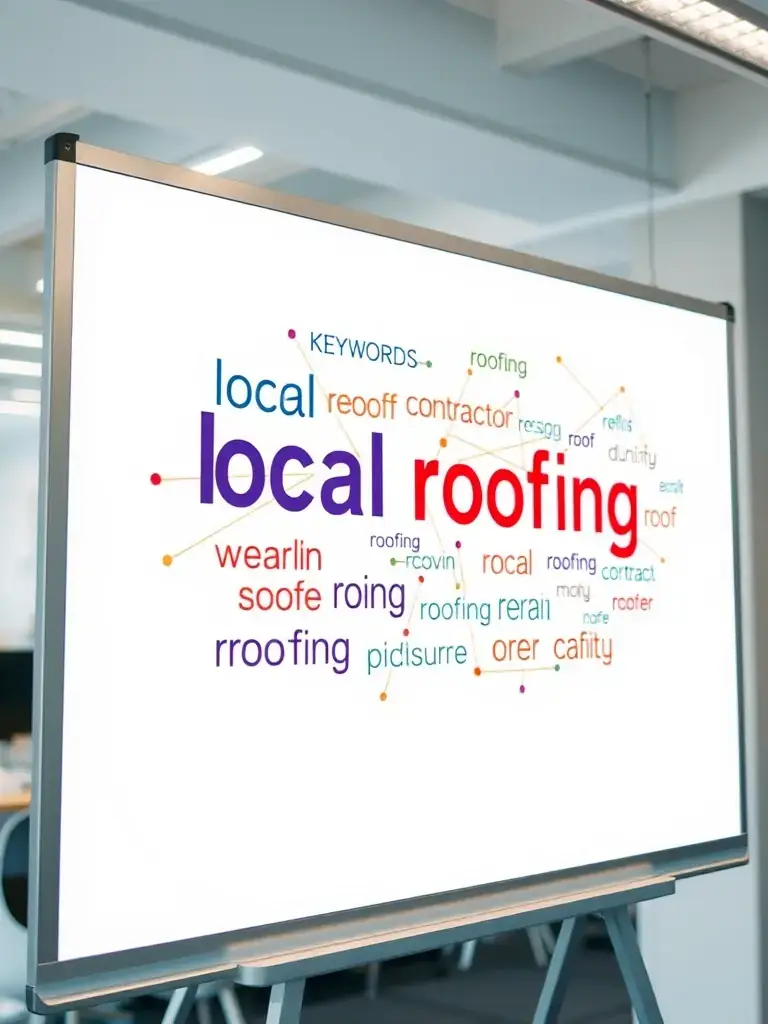 A visual representation of keyword research, showing a cluster of relevant keywords connected to a central theme like 'local roofing services'.
