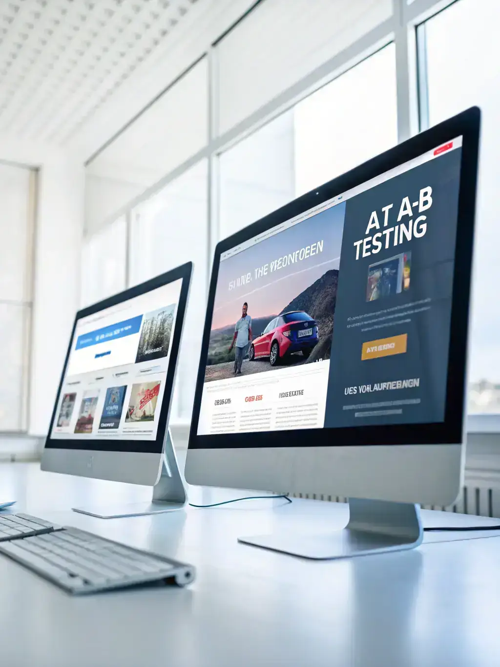 An image depicting A/B testing in action, with two different ad variations being compared side-by-side to optimize performance.