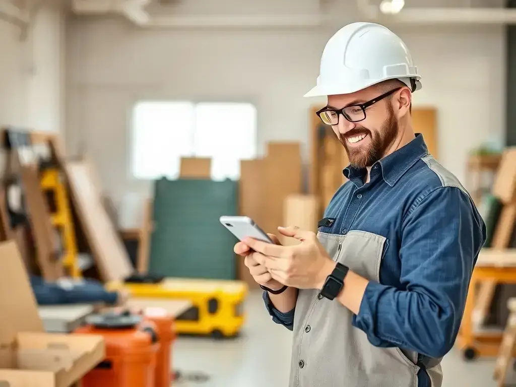 A concrete contractor smiling while looking at his phone, showcasing the increase in customer calls generated by Masaru Media's targeted ad campaigns.