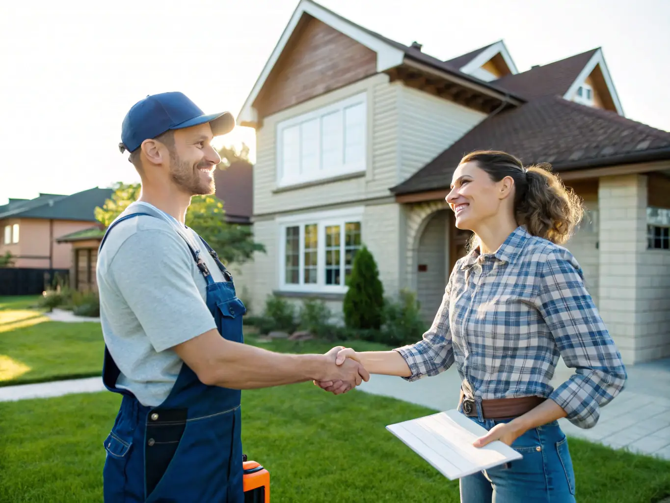 A picture of a happy plumber shaking hands with a satisfied customer in front of a newly installed water heater, symbolizing successful service delivery.