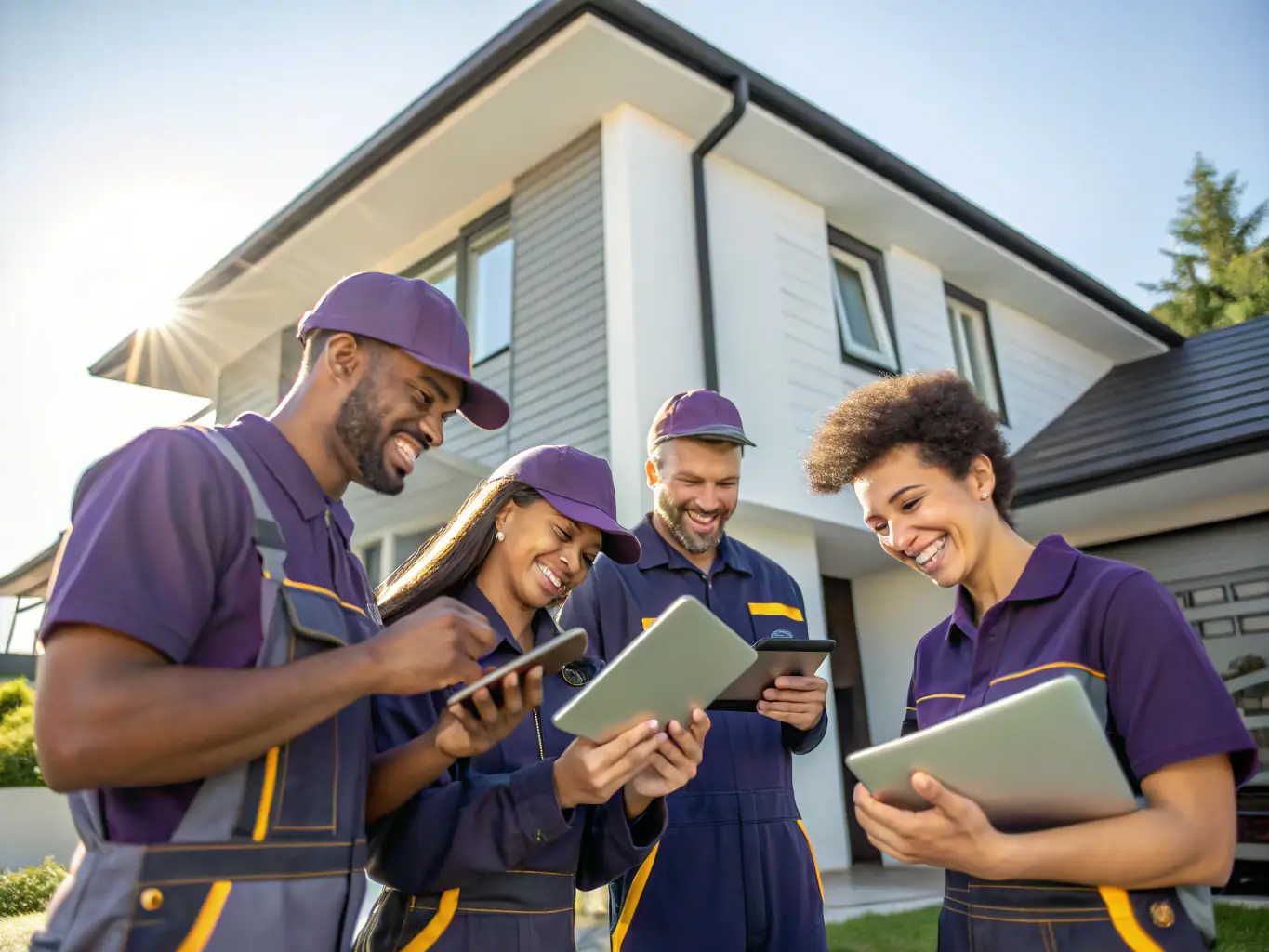 An image showing various home service professionals (plumbers, electricians, HVAC technicians) using mobile devices and smiling, indicating they are receiving customer requests.